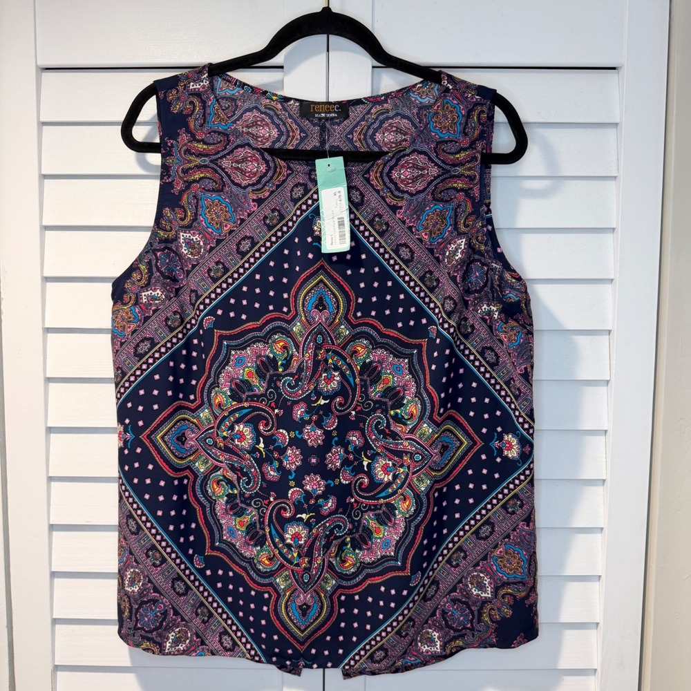 Renee C Paisley Split Back Sleeveless Blouse Womens XL Made USA